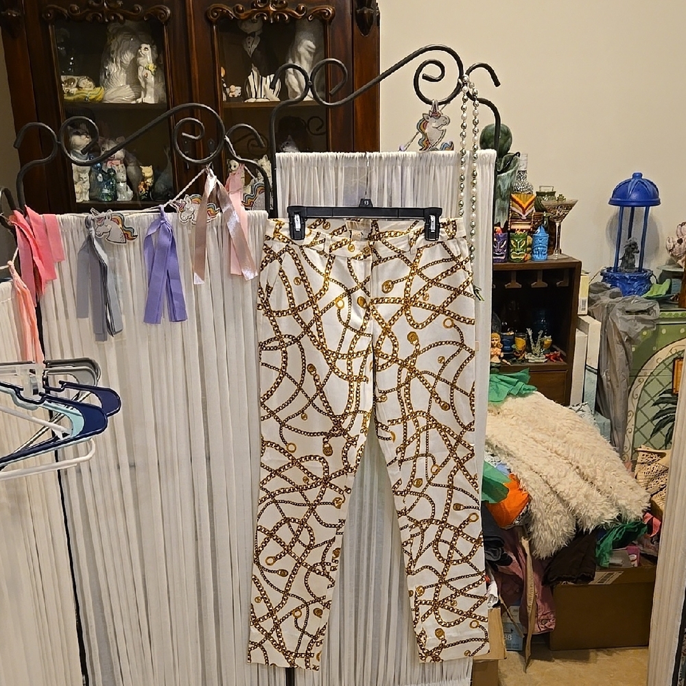 Michael Kors White and Gold Chain Print Pants